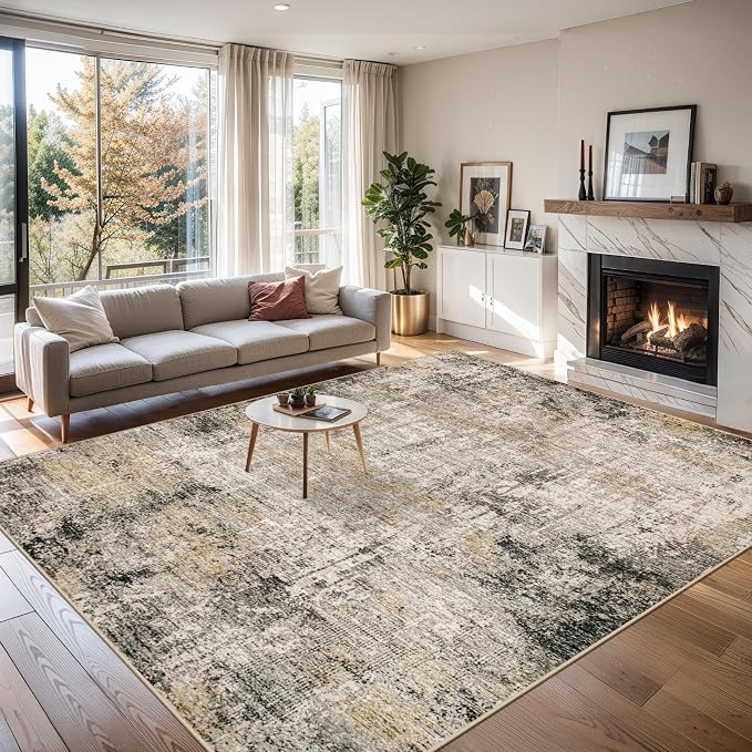Area Rugs 10x12 Living Room - Washable Rug Modern Abstract Soft Large Neutral Non-Slip Carpet Indoor Floor Thin Carpets for Bedroom Dining Room Farmhouse Nursery Home Office Brown Black Grey