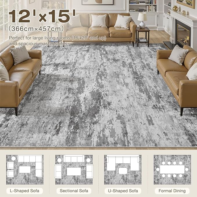 12x15 Area Rugs for Living Room, 12x15 Rug Washable High-Low Pile | Neutral Modern Abstract Carpet, Non Slip Lightweight Soft Made for Dining Room, Home Office Indoor Decor - Dark Gray