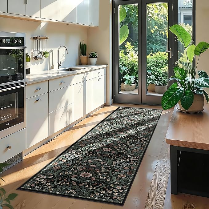 2x8 Washable Runner Rug,Black Floral Boho Area Rug for Hallway,Low-Pile Non-Slip Stain Resistant Carpet for Kitchen, Bedside,Laundry Room,Entryway