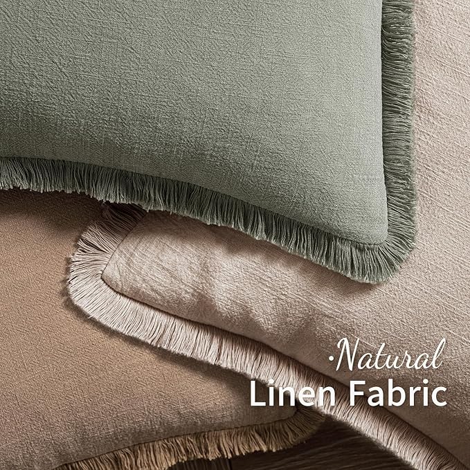 MIULEE Decorative Throw Pillow Covers Neutral Linen Fringe Throw Pillows Set of 2 Natural Linen Boho Farmhouse Cushion Covers with Tassels for Couch Sofa Bed Spring Home Decor 16x16 Inch