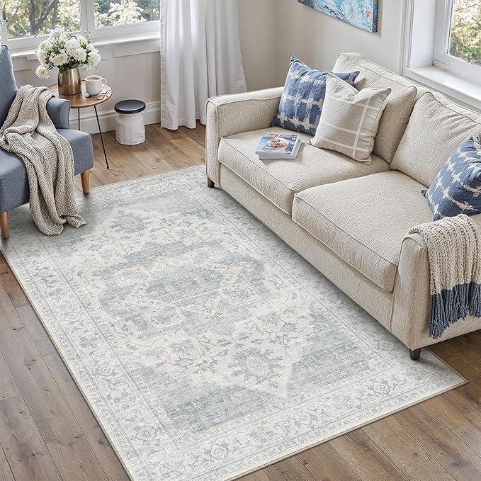HUGEAR 5x7 Machine Washable Rug Blue Area Rug Room Decor Vintage Distressed Living Room Rugs Non Slip Low Pile Soft Carpet for Bedroom Office Dining Room Soft Lightweight