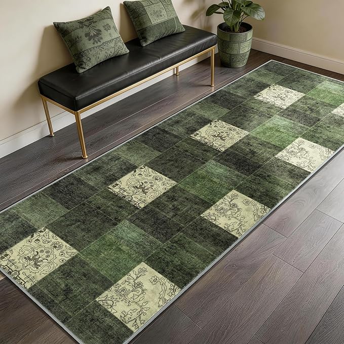 LIANLAM 2x6 Washable Runner Rug for Hallway&Kitchen,Non-Slip Long Carpet with Vintage Boho Checkered Design,Ultra-Thin Low Pile,Stain Resistant Easy Clean Floor Mat for High Traffic Areas(2x6,Green)
