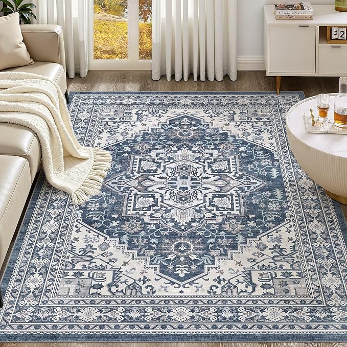 UERMEI 10x14 Area Rug for Living Room - Washable Vintage Carpet, Non-Slip Soft Large Indoor Floor Rugs for Bedroom Home Office & Under Dining Table Decor, Denim Blue/White
