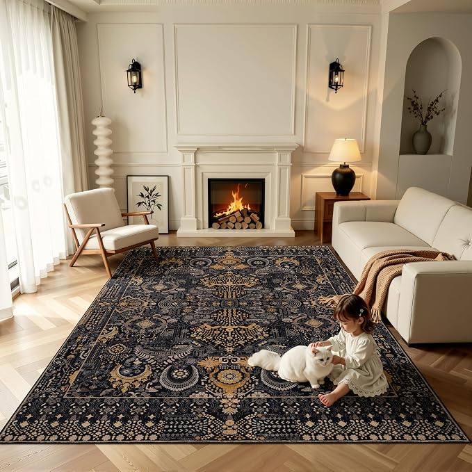 Ruaruarug Area Rug 8'×10', Non Slip Machine Washable Ultra Soft Stain & Fade Resistant, Pet & Kids Friendly, for Living Room/Bedroom/Kitchen/Classroom, Black and Gold