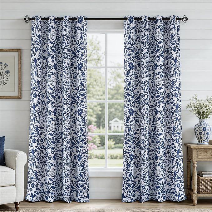 DriftAway Julia Blackout Curtains Grommet 2 Panels, W52xL84, Navy | Floral Curtains, Bedroom, Living Room, Room Darking, Watercolor Pattern, 2 Layers, Thermal Insulated, Window Treatment