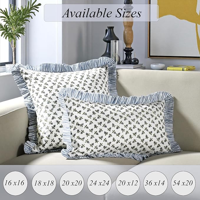 Ridhi Block Print Baby Blossoms Throw Pillow Cover 18" x 18" (Pack of 2) Decorative Cushion Covers with Ruffle for Couch, Sofa, Bed, Living Room, Home Decor Gift for Spring, Easter, Valentine