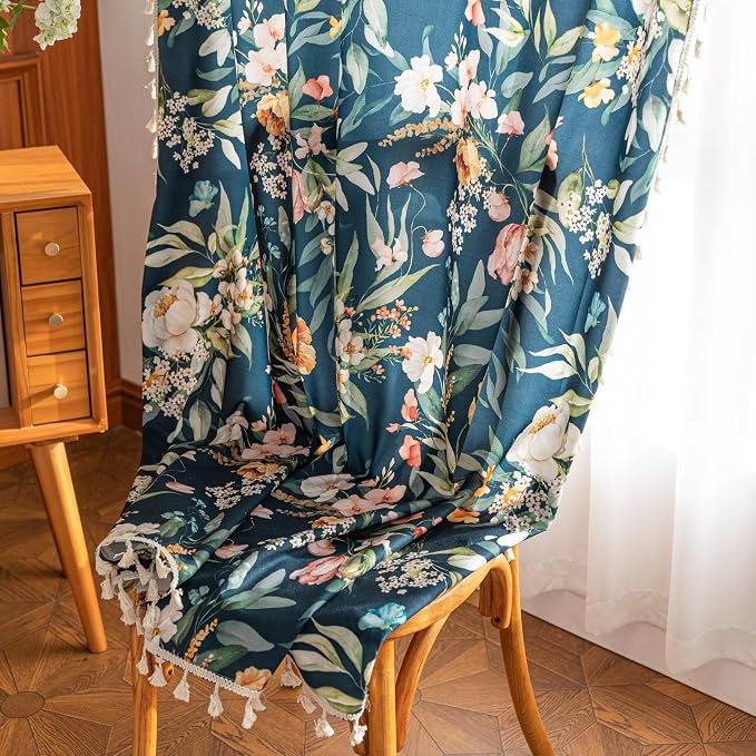 Boho Floral Curtains French Country Farmhouse Curtains 63 Inches Long Light Filtering Window Rod Pocket Drapes for Living Room 2 Panels-Navy Blue Floral