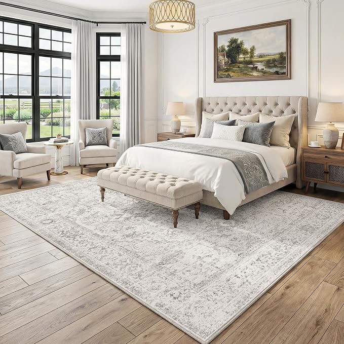 FMFUNCTEX 6x9 Washable Area Rug Grey Vintage Neutral Distressed Oriental Large Non Slip Carpet for Living Room Bedroom Soft Low Pile Indoor Gray Retro Throw Rug for Dining Room Kitchen Office Nursery