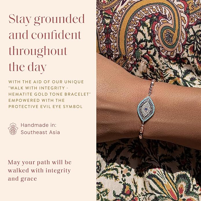 KARMA AND LUCK - Walk with Integrity - Women's Genuine Hematite Stones Gold Tone 5.5" to 7.5" Bracelet with Adjustable Drawstring Closure Handmade in Southeast Asia