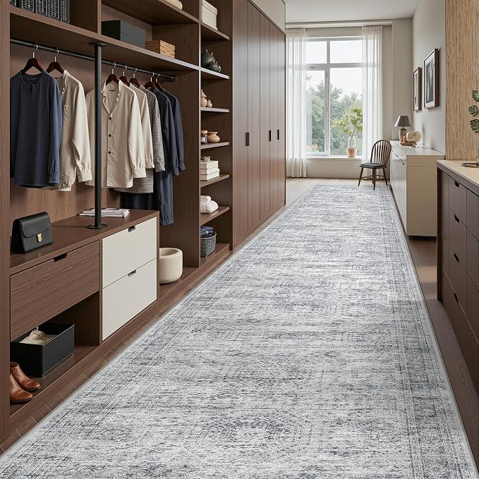 3x16 Runner Rug Non Slip,Washable Hallway Runner Rug,Grey | 16ft Runner Rug for Hallway,Entryway,Bedroom,Living Room,Thin,Soft, Extra Long Rug,Stain Resistant Indoor Carpet