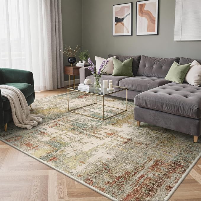 GENIMO Abstract Area Rug 5x7, Washable Large Modern Rug Non Slip, Low Pile Lightweight Soft Carpet for Living Room, Bedroom, Dining Room, Rust Green
