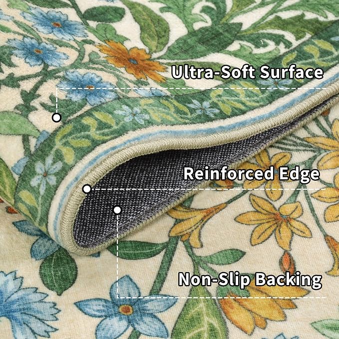 Round Rug 6ft Grass Green Washable Floral Circle Rug,Vintage Boho Botanical Round Area Rugs, Non-Slip Soft Low-Pile Circular Carpet for Bedroom,Kids Room,College Dorm,Home Decor