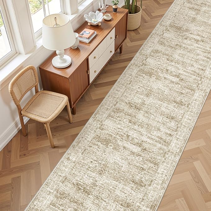 2'6 x 14' Runner Rug Non Slip,Washable Kitchen Rugs,Brown | 14 ft Runner Rug for Hallway,Entryway,Bedroom,Living Room,Thin,Soft, Extra Long Rug,Stain Resistant Indoor Carpet