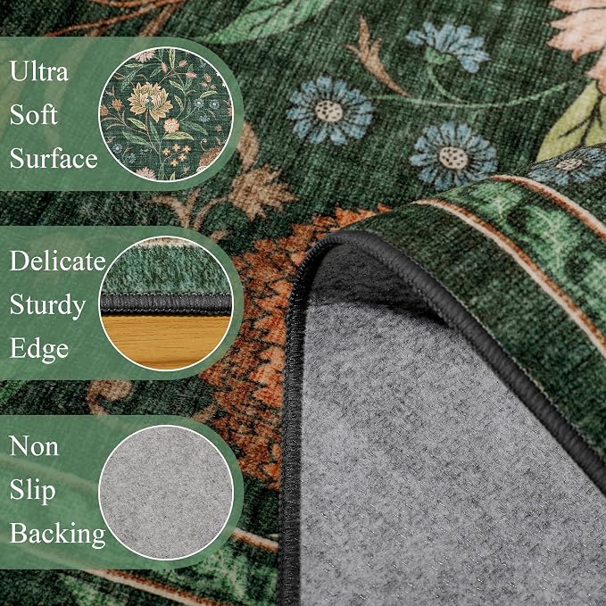 DUKINO 9x12 Area Rug for Living Room, Vintage Floral Washable Rug, Green | Non Slip, Low Pile, Non-Shedding, Stain Resistant, Aesthetic Soft Indoor Large Carpet for Bedroom Dining Room Farmhouse
