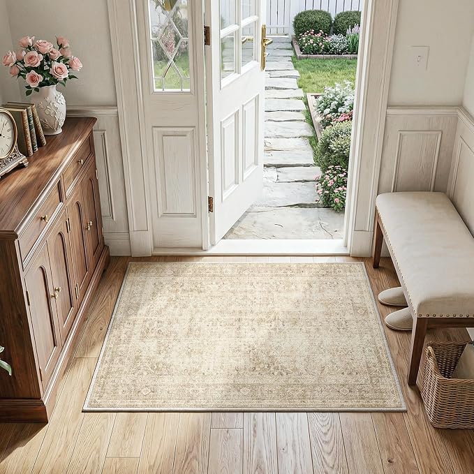 FMFUNCTEX Entryway Rug 2x3 Beige Washable Neutral Vintage Distressed Oriental Door Mat Non Slip Low Pile Indoor Carpet Soft Retro Small Throw Area Rugs for Entry Entrance Bedroom Kitchen Bathroom