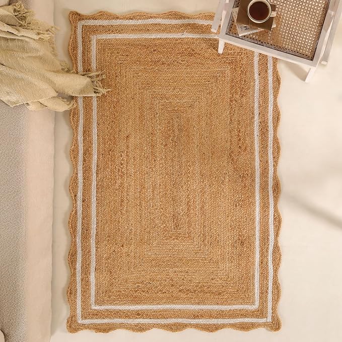Natural Scalloped Wave Jute Rug Rustic Handwoven Braided Living Room 4x6 ft