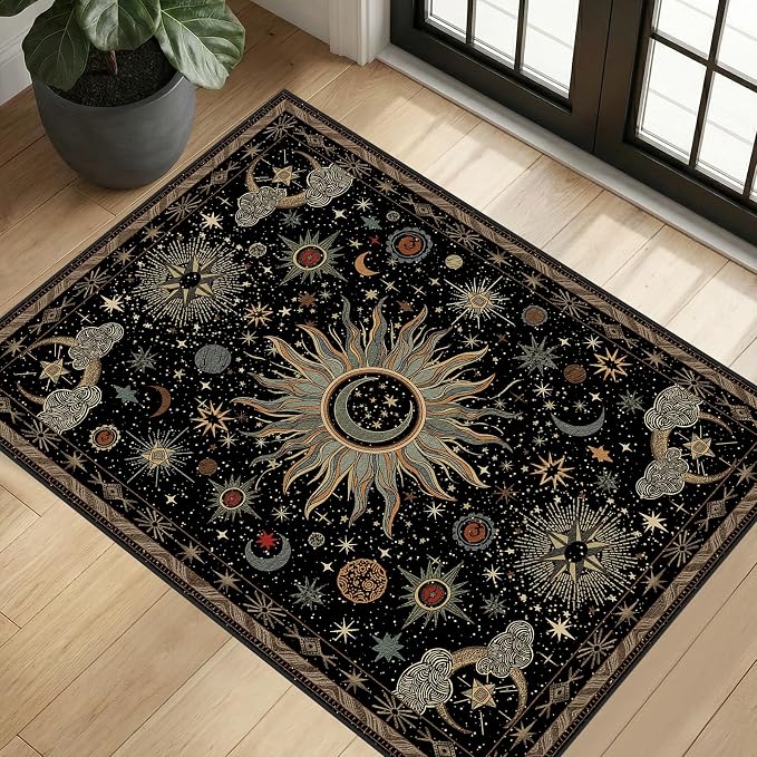 Vacuum-Friendly, 2x3 Washable Area Rug, Black Green Beige | Sun and Moon Boho Gothic Non-Slip Low Pile Living Roon Bedroom Dining Room Kitchen Entry Entryway Entrance Hallway Doormat