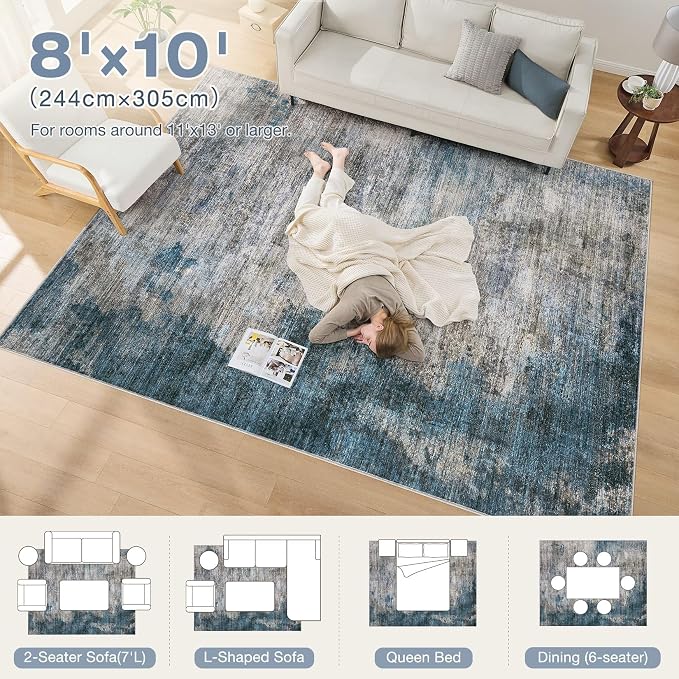 DMOYEST 8x10 Area Rug for Living Room, Washable & Non Slip Large Indoor Carpet, Kid & Pet Friendly Soft Thin Low Pile Abstract Rug for Bedroom and Office - Dark Grey