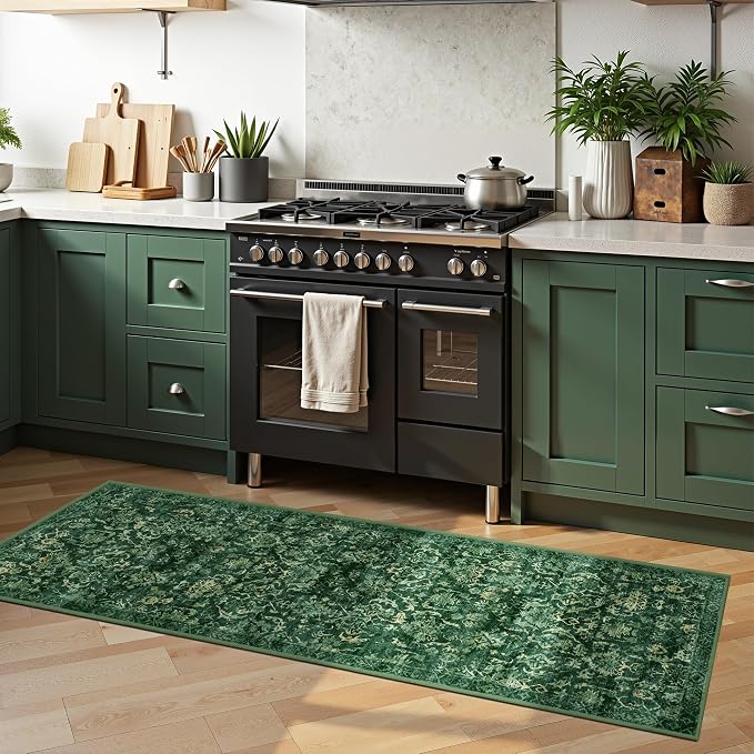 Dark Green 2x5 Runner Rug for Hallways Bed Side Kitchen, Boho Washable Distressed Low-Pile Floor Entryway Long Bathroom Mat, Non-Slip Laundry Room Washstand Front Carpet Green 24x60 Inch