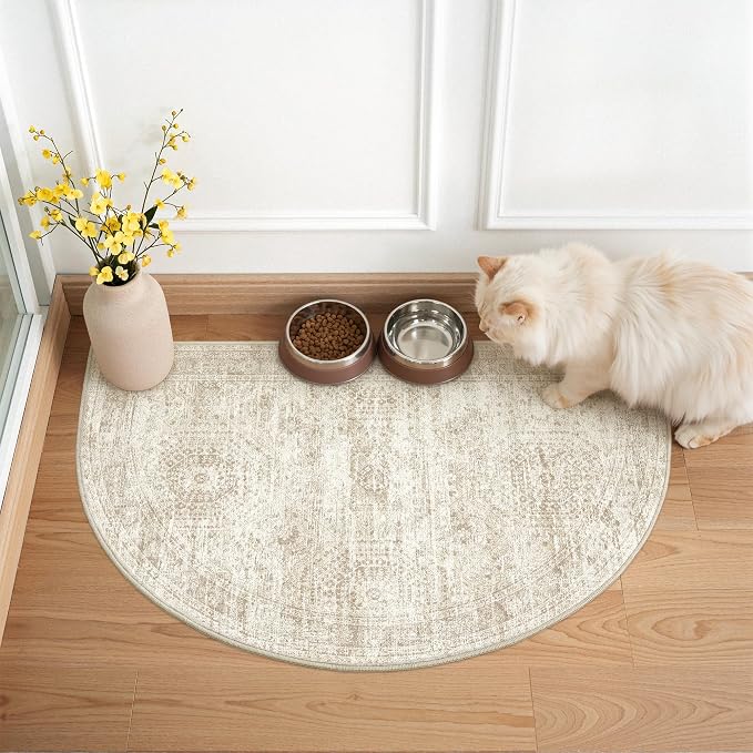 2x3 Half Circle Rug, Small Washable Entryway Rug,Beige | Semi Circle Rug for Kitchen,Front Door,Bathroom,Thin,Soft Welcome Mat,Stain Resistant Indoor Carpet,Non Slip