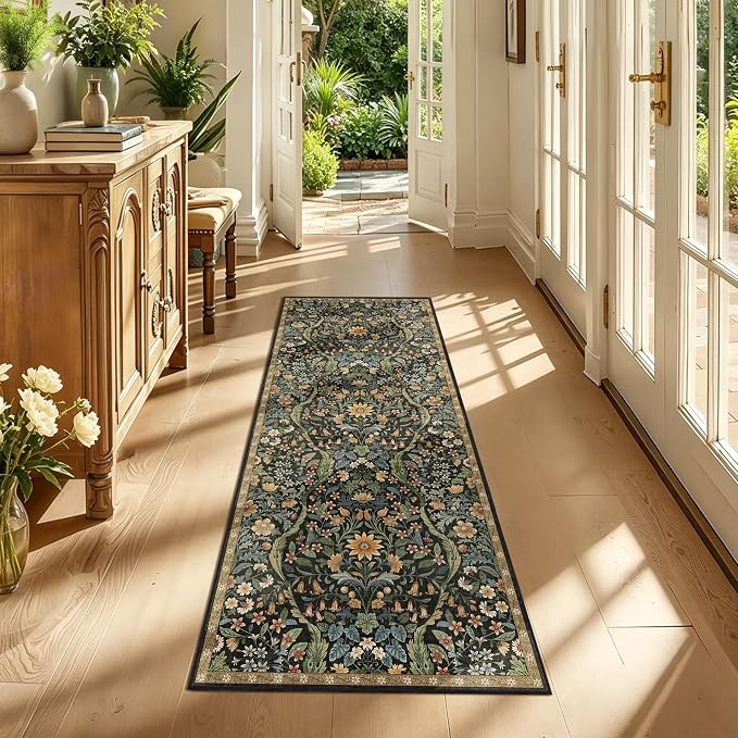 2x5 Washable Runner Rug,Black Brown Floral Boho Area Rug for Hallway,Low-Pile Non-Slip Stain Resistant Carpet for Kitchen, Bedside,Laundry Room,Entryway