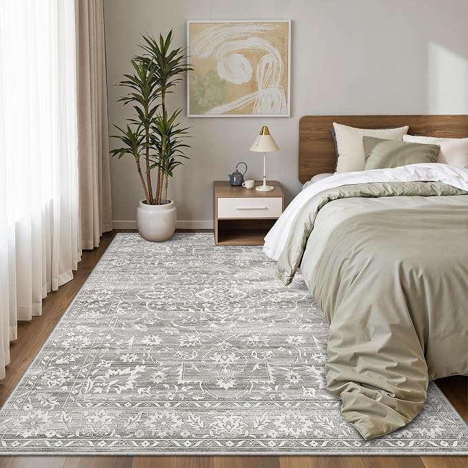 Soalmost 5x7 Area Rugs for Living Room, Washable Bedroom Soft Rug Grey | Vintage Floral Non-Slip Low Pile Throw Large Neutral Carpet for Dining Room Kitchen Home Office Nursery 5'x7'