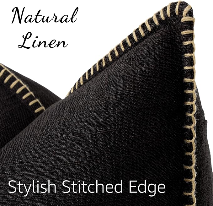 decorUhome Black Faux Linen Outdoor Throw Pillow Covers 24x24 Set of 2 | Fall Decorative Textured Neutral Modern Farmhouse Pillow Covers with Stitched Edge for Couch Sofa Bed Living Room