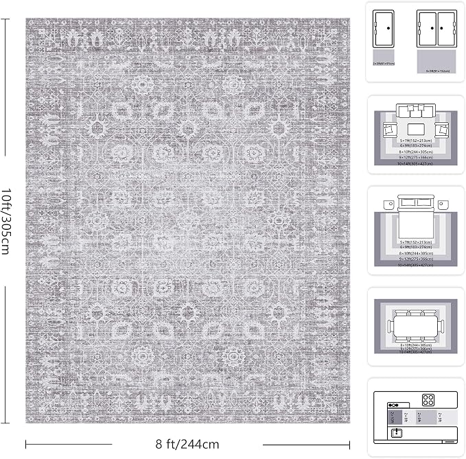 8x10 Area Rugs for Living Room, Washable Vintage Retro Floral Rug, Low Pile Non Slip Distressed Large Carpet for Bedroom, Dining Room, Office, Home (Vintage Purple Grey)