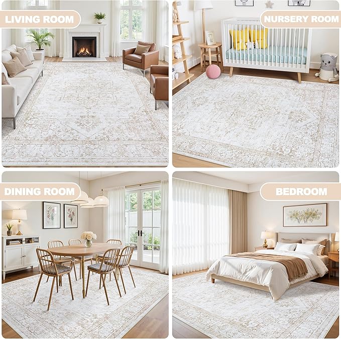 Area Rug 6x9 Living Room Rug Washable:No-Slip Vintage Medallion Rug Soft Low Pile Large Beige Rugs Indoor Retro Carpet for Living Room Kitchen Nursery Dining Table Office (Beige, 6'x9')