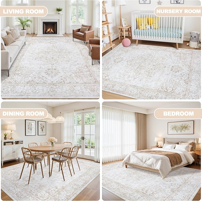 5x7 Area Rugs for Bedroom:Beige Washable Vintage Medallion Rug Non-Slip Soft Low Pile Large Rugs Indoor Retro Carpet for Living Room Kitchen Nursery Dining Table Office (Beige, 5'x7')