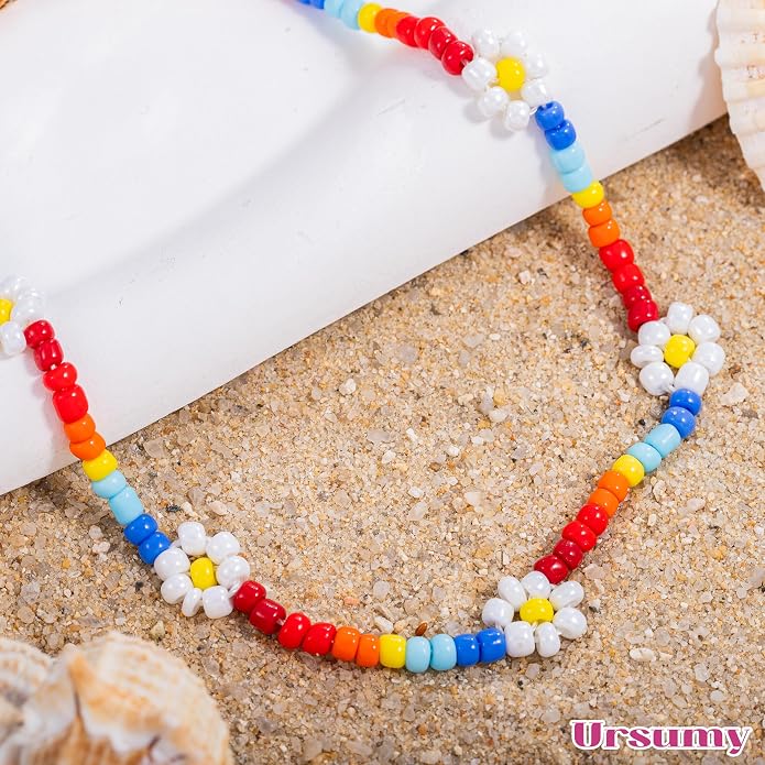 Ursumy Boho Ankle Bracelets for Women Summer Beaded Anklets Chain Beachy Flower Foot Jewelry