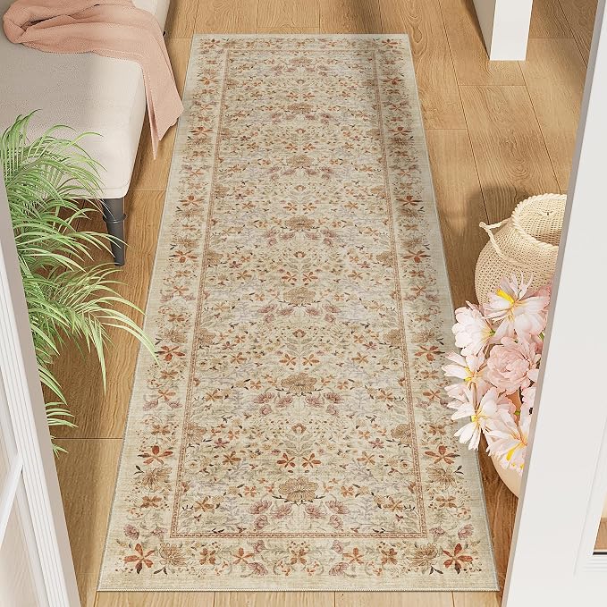 DUKINO 2x6 Runner Rug, Washable Vintage Floral Kitchen Rug, Beige | Non Slip, Low Pile, Stain Resistant Boho Soft Throw Carpet Runner for Hallway Bathroom Laundry Bedroom Entryway, Non-Shedding