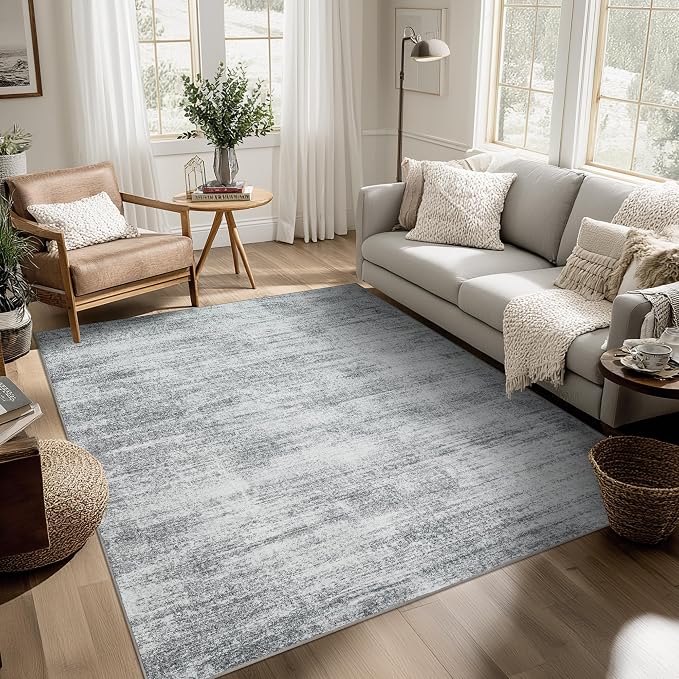 BILEEHOME Light Gray Rug 5x7 for Dining Room Table Soft Washable Area Rugs | Grey Carpet 5' x 7', for Bedroom Dorm Living Room, Aesthetic Abstract Style, Low Pile Non Slip, Hardwood Floor Protector
