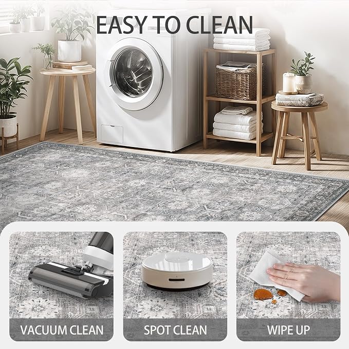 Living Room Rug 6x9, Soft Non Slip Low Pile Washable Rug, Boho Modern Area Rug for Bedroom, Dining Room, Distressed Grey