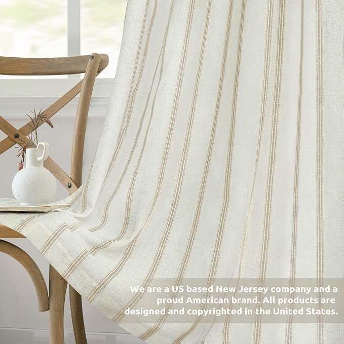 DriftAway Farmhouse Linen Stripe Blackout Curtains, Grommet, W52xL84, Beige | Blackout, Linen Texture, Stripe Pattern, Rod Pocket & Back Tab, Two Layers, Bedroom Living Room Use, Sound Reducing Design