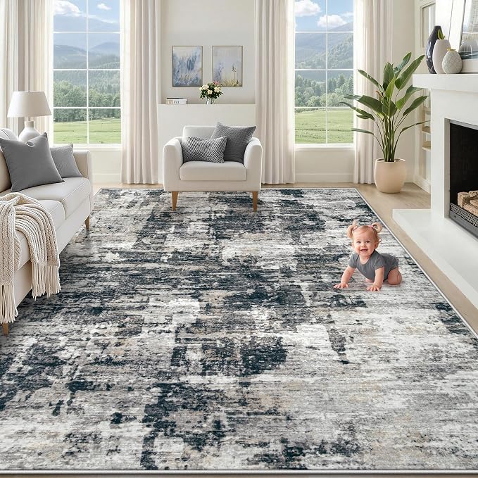 XLUEZ 9x12 Area Rug for Living Room, Washable Modern Abstract Large Area Rug Neutral Soft Non Slip Kids Rug Stain Resistant Indoor Carpet for Bedroom Dining Room Playroom Office(BlackGrey, 9'x12')