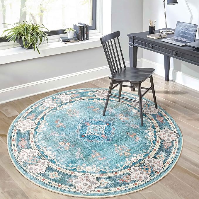MUJOO Teal Round Rug 5ft,Circle Washable Area Rug Non Slip Floral | Circular Rugs for Bedroom Living Room Dining Room Bathroom Boho Throw Carpet Low-Pile Soft Indoor Flowers Blue Colorful