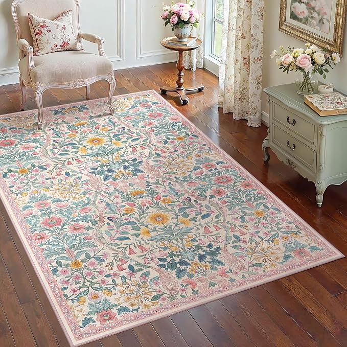 4x6 Pink Floral Boho Area Rug,Low-Pile Stain Resistant Non-Slip Machine Washable Carpet for Living Room,Bedroom, Kitchen,Entryway,Dining Room, Nursery
