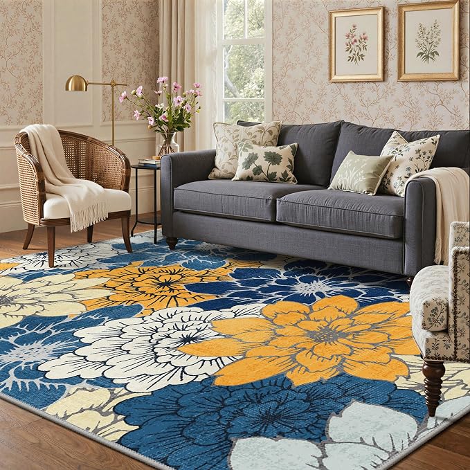 GENIMO 9x12 Outdoor Rug, Washable for Patio and Deck, Blue | Floral design for gazebo; lightweight chenille with quick-dry non-slip backing for indoor dining area