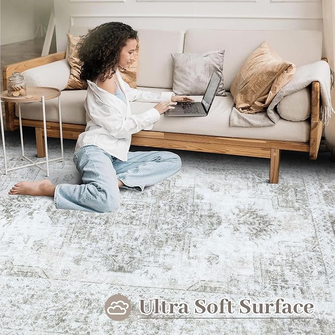 XLUEZ Area Rug 10x12 Living Room Rugs, Machine Washable Vintage Distressed Medallion Rug Non-Slip Soft Low Pile Large Indoor Rugs for Bedroom Kitchen Dining Room Office(Taupe,10'x12')