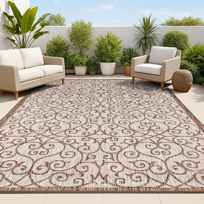JONATHAN Y Vintage Filigree Indoor Outdoor Area Rug 4X6 Taupe/Espresso, Madrid Textured Weave for Backyard, Patio, Porch, Easy-Cleaning, High Traffic, Pet-Friendly, Non-Shedding (SMB107C-4)
