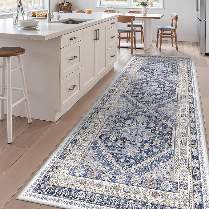 zesthome 3x10 Runner Rug Non Slip Washable for Entryway, Vintage Hallway Runner for Front Porch, Laundry Room, Bedroom, Abstract Stain Resistant Thin Indoor Kitchen Mats for Floor(Blue/Beige,3'x10')