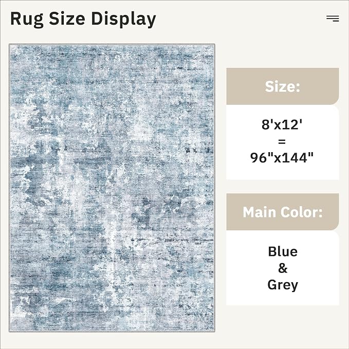 Soalmost Washable Area Rug 8x12, Large Soft Rugs for Living Room Vintage Blue/Grey Carpet 8x12 Area Rugs for Bedroom Dining Room Non-Slip Stain Resistant Under Table Rug