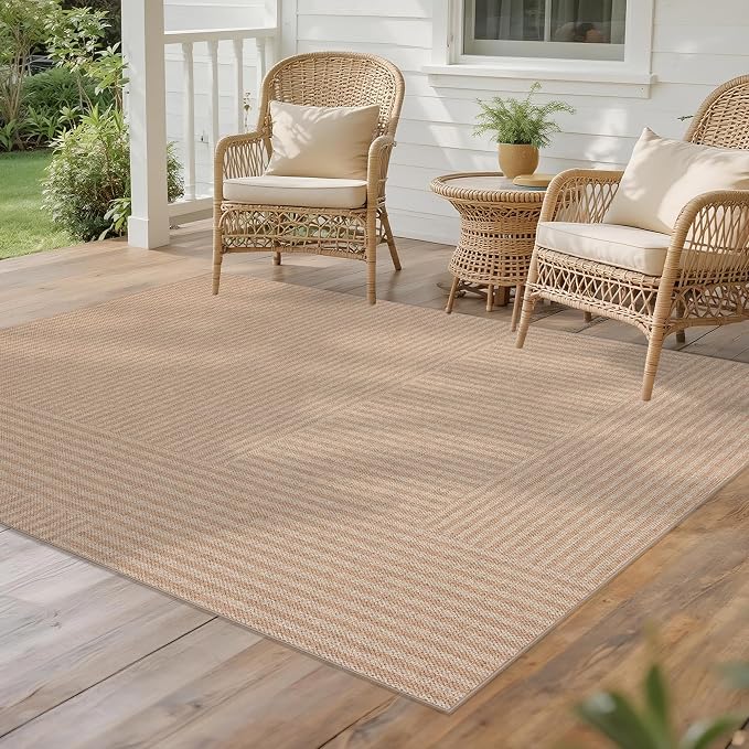 Easy Jute Rug for Pet Homes: 5x7 Outdoor Rug - Beige Stripes | Washable Design Cuts Your Cleaning Time by 75% and Maintain Shape and Texture after 50 Washes
