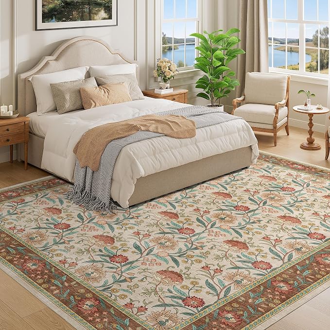 DUKINO 8x10 Area Rug, Vintage Floral Washable Rugs for Living Room, Brown | Non Slip, Low Pile, Non-Shedding, Stain Resistant Boho Soft Indoor Large Carpet for Bedroom Dining Room Farmhouse, Home Decor