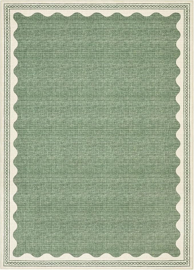 GarveeHome Scalloped Washable Rugs 5x7 Rug for Living Room, 5 x 7 Rug Solid Sage Green Modern Low-Pile Carpet for Bedroom Dining Nursery Non Slip Mat with Rubber Back