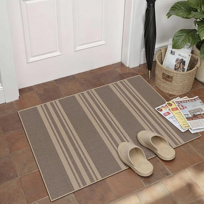 PureCozy Outdoor Rug 2x3 Washable Striped Jute Look Non Slip Mat | Nature Stripe Farmhouse Design, Indoor Outdoor Entryway Door Mat for Kitchen, Mudroom and Bathroom, Non Shedding, Easy Care