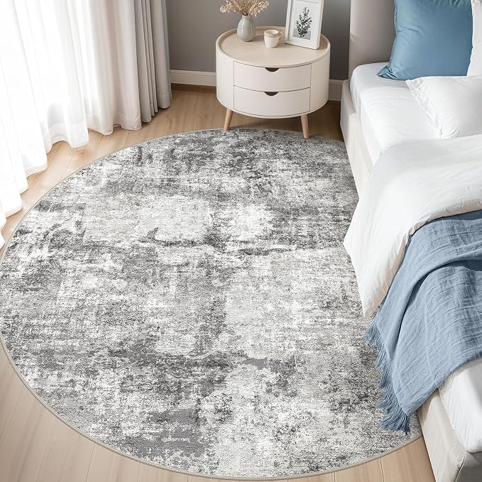 DMOYEST 6ft Round Area Rug for Living Room - 6x6 Washable & Non Slip Circle Rug, Kid & Pet Friendly Soft Low Pile Abstract Carpet for Bedroom and Dining Room - Grey