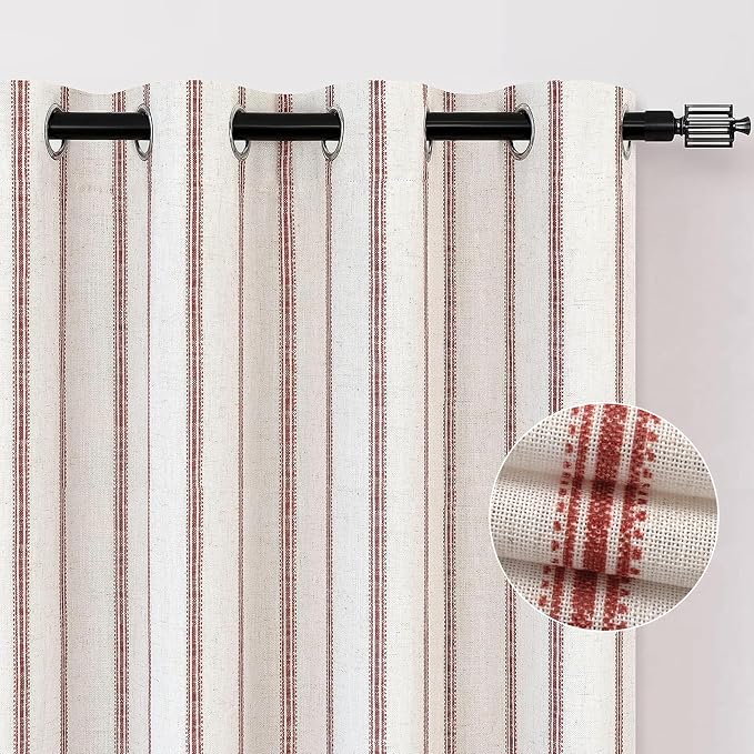 DriftAway Farmhouse Linen Stripe Blackout Curtains, W52xL96, Red | Blackout, Linen Texture, Stripe Pattern, Rod Pocket & Back Tab, Two Layers, Bedroom Living Room Use, Sound Reducing Design