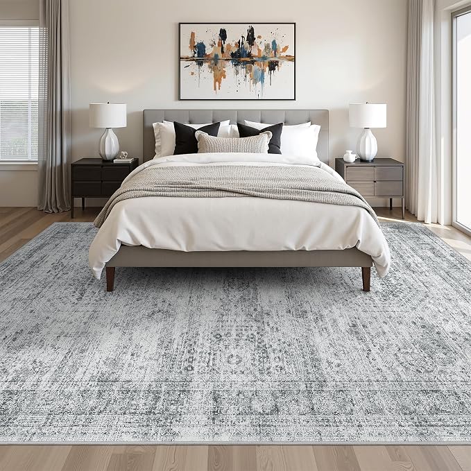 8x10 Area Rugs for Living Room,Large Washable Rug,Grey | Rugs for Bedroom,Dining Room,Office,Low Pile,Soft, Neutral Rug,Stain Resistant Indoor Carpet,Non Slip,Home Decor